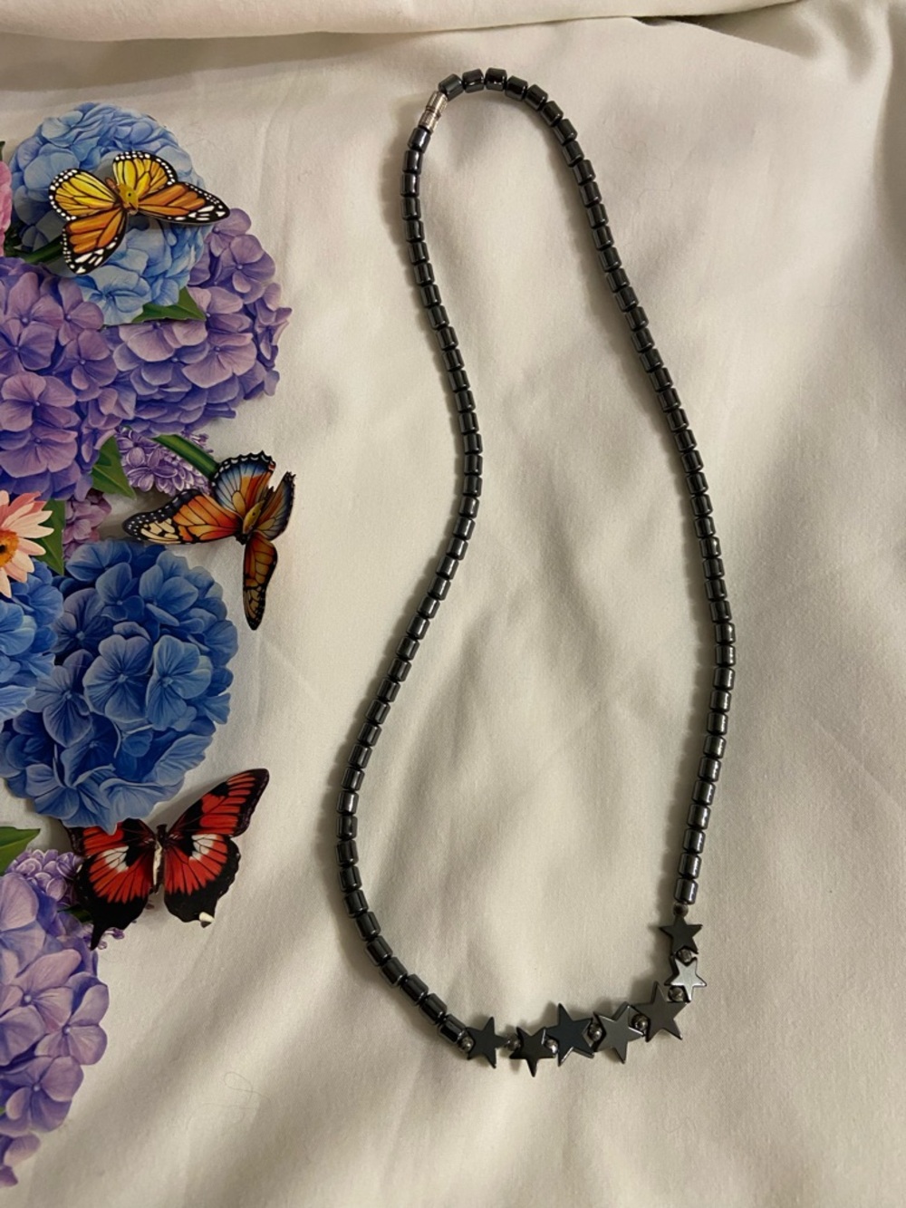 Gunmetal Gray Hematite Star Bead Necklace - Women Jewelry 18.5”